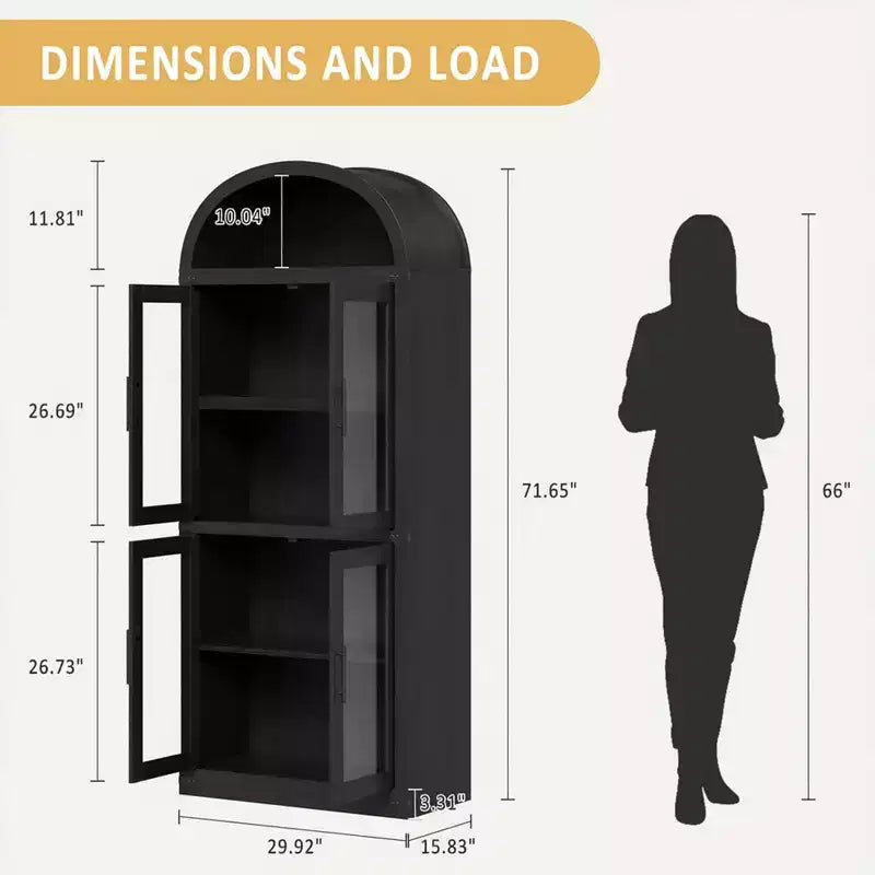 Arched Bookshelf with 4 Glass Doors, Farmhouse Style, 71.65"H, MDF & Wood Grain