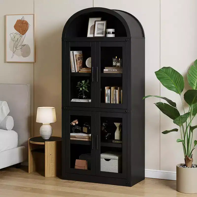 Arched Bookshelf with 4 Glass Doors, Farmhouse Style, 71.65"H, MDF & Wood Grain