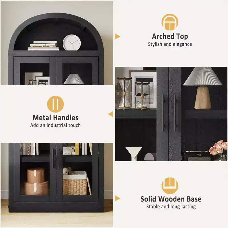 Arched Bookshelf with 4 Glass Doors, Farmhouse Style, 71.65"H, MDF & Wood Grain