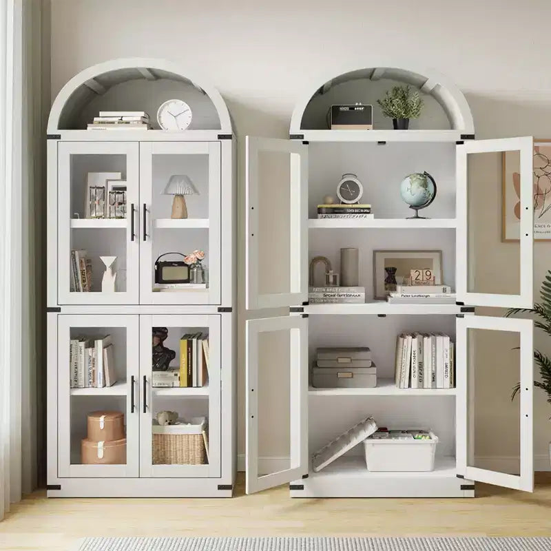 Arched Bookshelf with 4 Glass Doors, Farmhouse Style, 71.65"H, MDF & Wood Grain