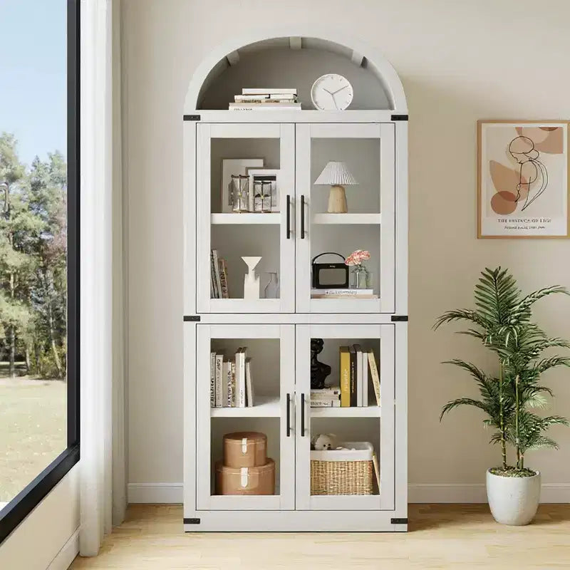 Arched Bookshelf with 4 Glass Doors, Farmhouse Style, 71.65"H, MDF & Wood Grain