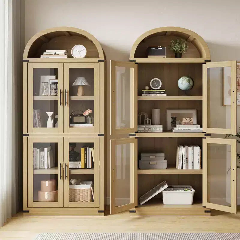 Arched Bookshelf with 4 Glass Doors, Farmhouse Style, 71.65"H, MDF & Wood Grain