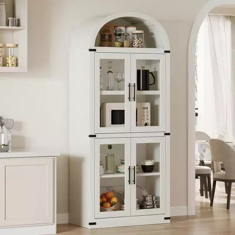 Arched Bookshelf with 4 Glass Doors, Farmhouse Style, 71.65"H, MDF & Wood Grain