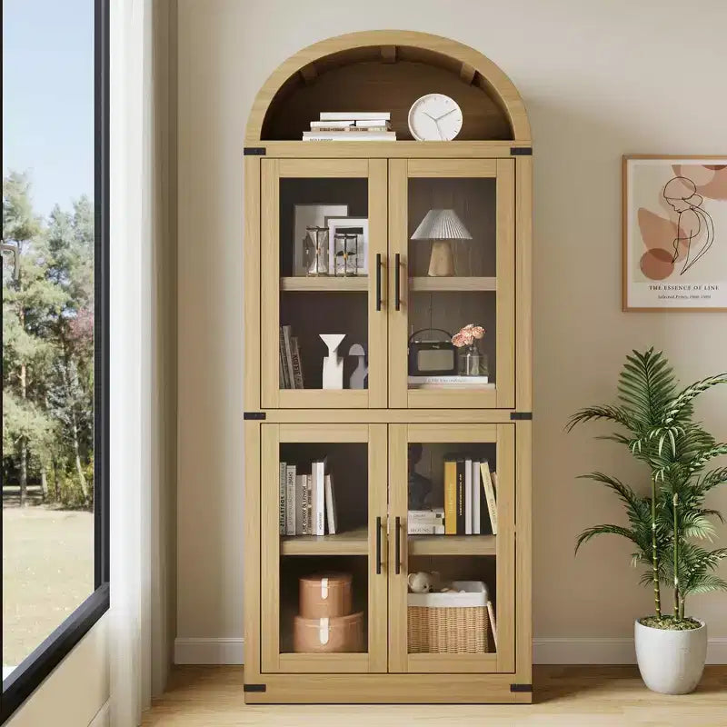 Arched Bookshelf with 4 Glass Doors, Farmhouse Style, 71.65"H, MDF & Wood Grain