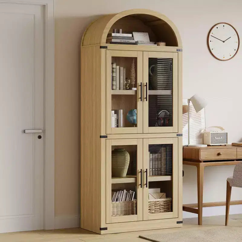Arched Bookshelf with 4 Glass Doors, Farmhouse Style, 71.65"H, MDF & Wood Grain