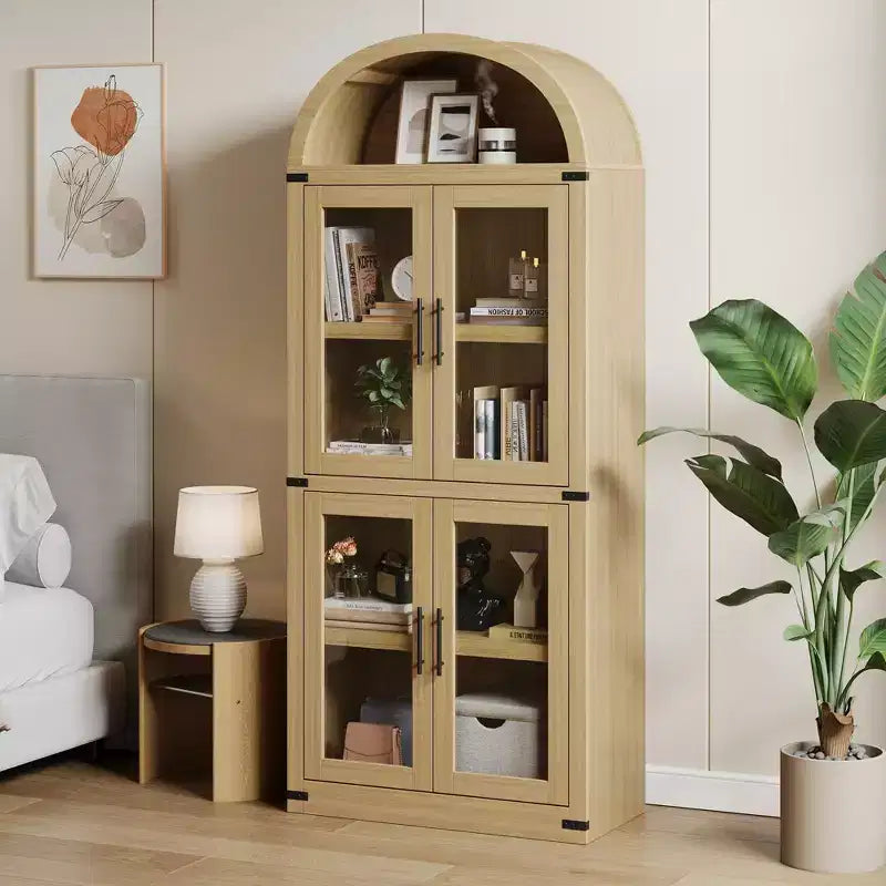 Arched Bookshelf with 4 Glass Doors, Farmhouse Style, 71.65"H, MDF & Wood Grain