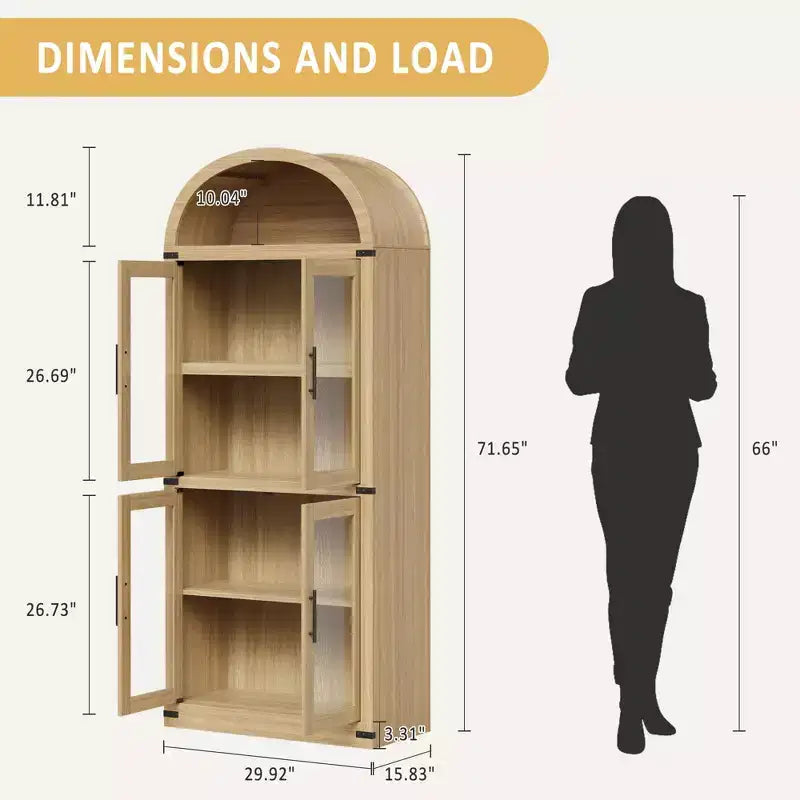 Arched Bookshelf with 4 Glass Doors, Farmhouse Style, 71.65"H, MDF & Wood Grain
