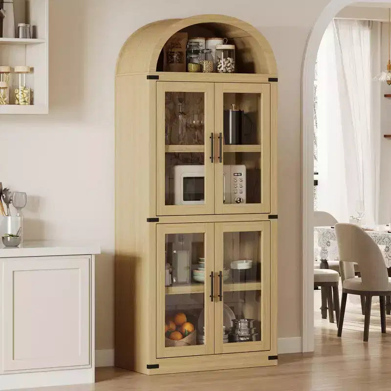 Arched Bookshelf with 4 Glass Doors, Farmhouse Style, 71.65"H, MDF & Wood Grain