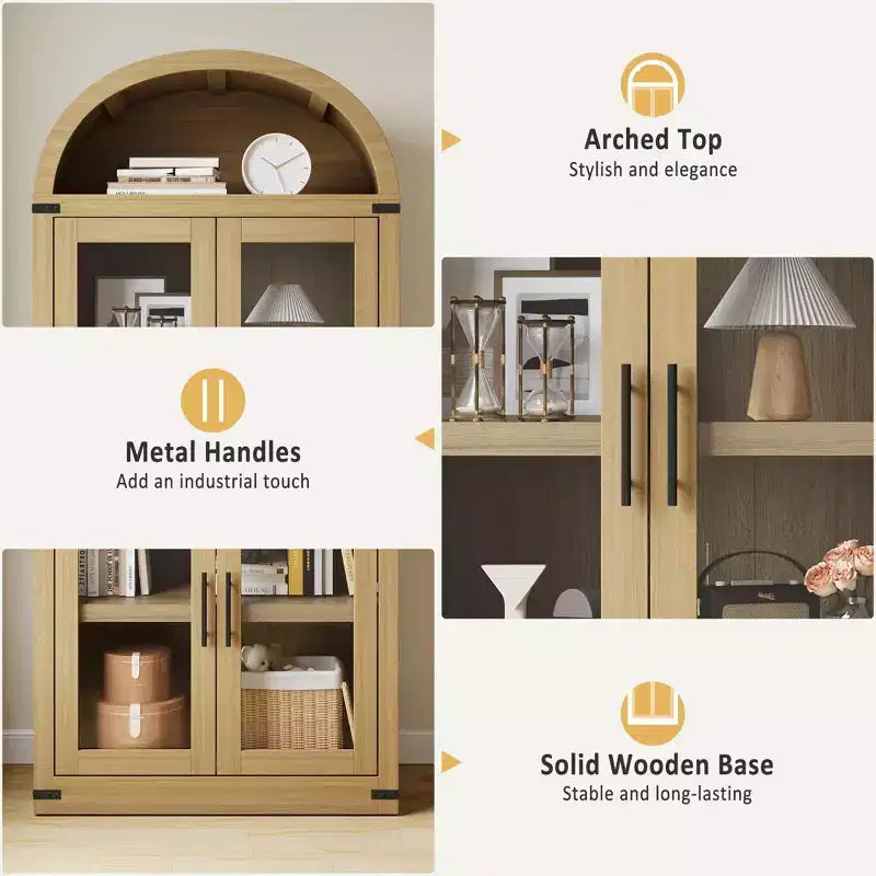 Arched Bookshelf with 4 Glass Doors, Farmhouse Style, 71.65"H, MDF & Wood Grain