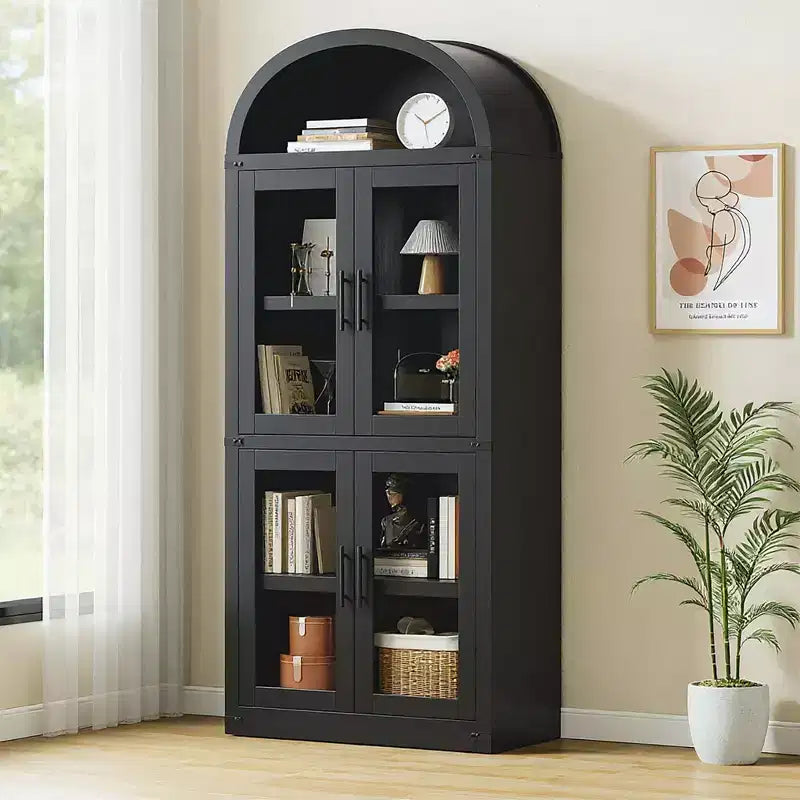 Libreria ad Arco con 4 Ante in Vetro, Stile Rustico, H 182 cm, MDF e Grana del Legno