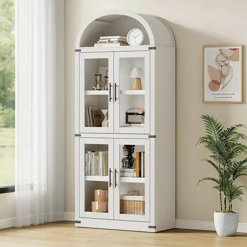 Libreria ad Arco con 4 Ante in Vetro, Stile Rustico, H 182 cm, MDF e Grana del Legno