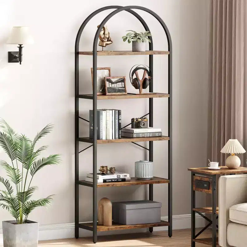 5-Tier Arched Bookshelf, Black Metal Frame & Wood Grain Shelves, 70.87"H, Open Storage