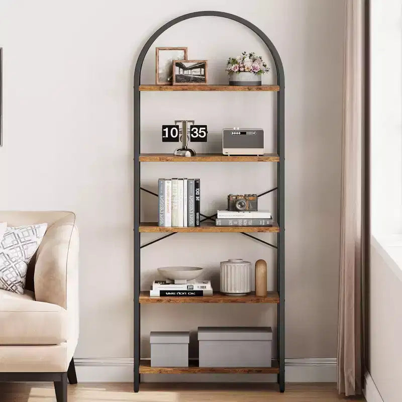5-Tier Arched Bookshelf, Black Metal Frame & Wood Grain Shelves, 70.87"H, Open Storage