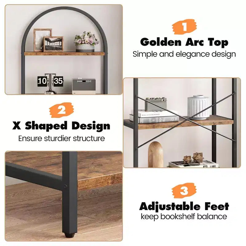 5-Tier Arched Bookshelf, Black Metal Frame & Wood Grain Shelves, 70.87"H, Open Storage