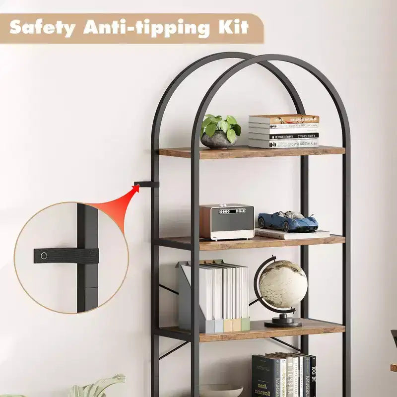 5-Tier Arched Bookshelf, Black Metal Frame & Wood Grain Shelves, 70.87"H, Open Storage