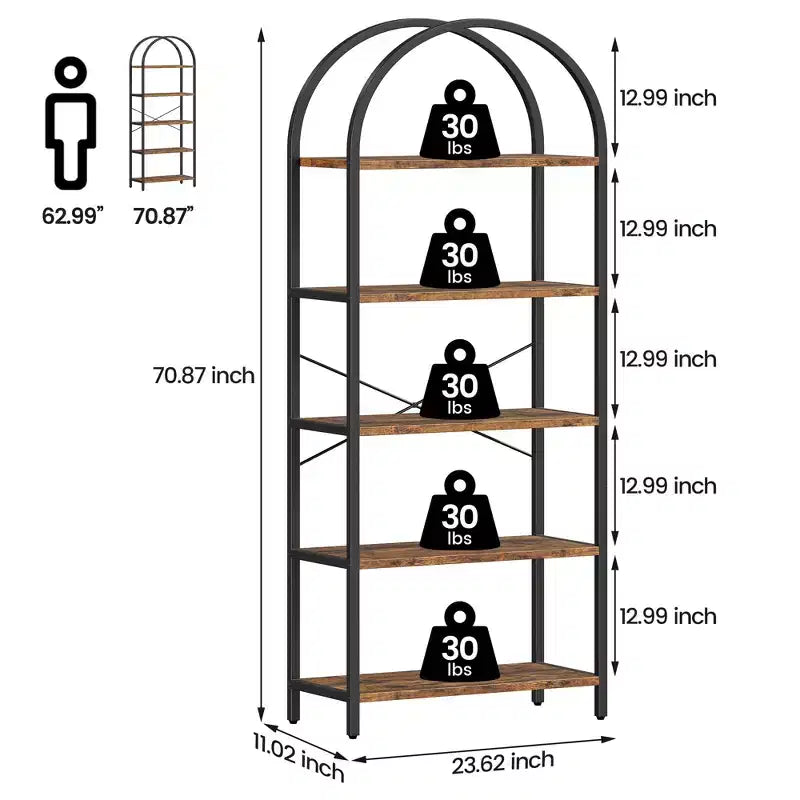 5-Tier Arched Bookshelf, Black Metal Frame & Wood Grain Shelves, 70.87"H, Open Storage