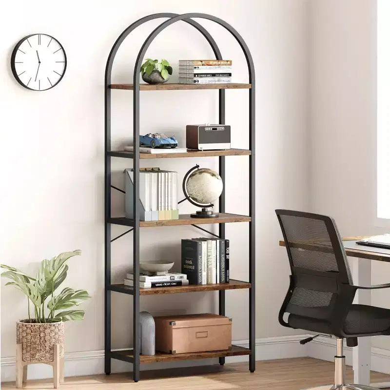 5-Tier Arched Bookshelf, Black Metal Frame & Wood Grain Shelves, 70.87"H, Open Storage