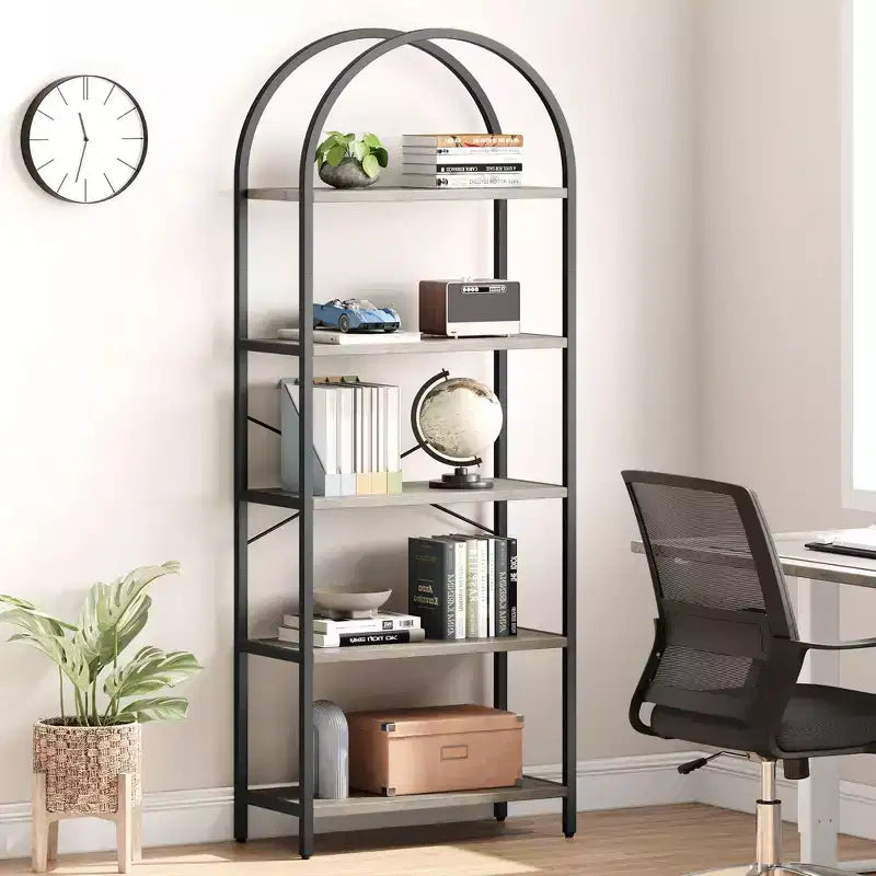 5-Tier Arched Bookshelf, Black Metal Frame & Wood Grain Shelves, 70.87"H, Open Storage