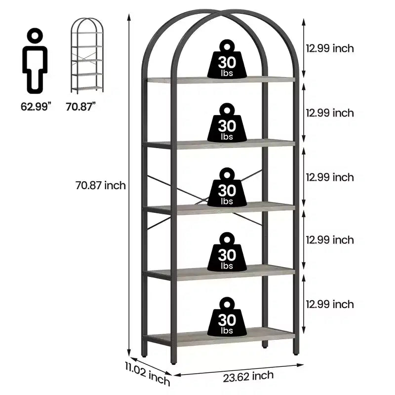 5-Tier Arched Bookshelf, Black Metal Frame & Wood Grain Shelves, 70.87"H, Open Storage