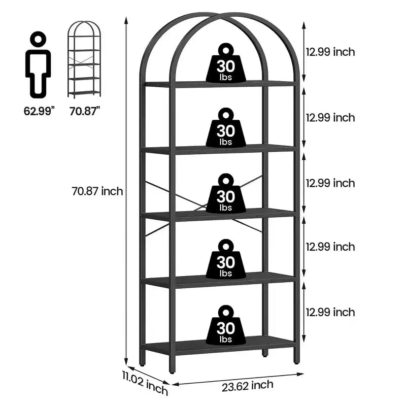 5-Tier Arched Bookshelf, Black Metal Frame & Wood Grain Shelves, 70.87"H, Open Storage