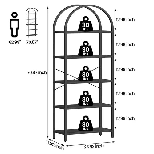 Libreria ad arco a 5 ripiani, struttura in metallo nero e ripiani effetto legno, altezza 180 cm, scaffalatura aperta