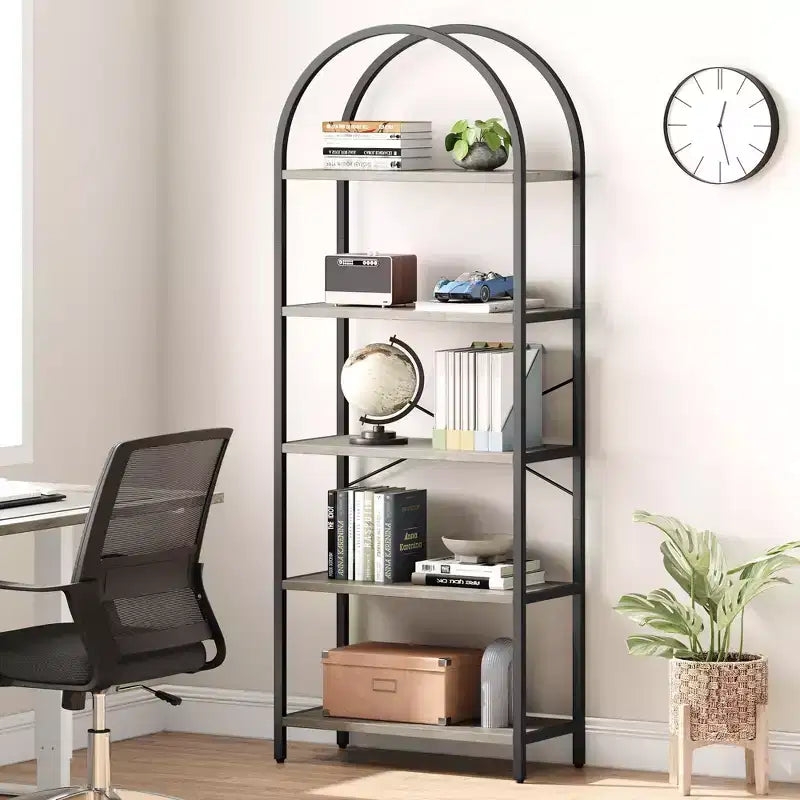 5-Tier Arched Bookshelf, Black Metal Frame & Wood Grain Shelves, 70.87"H, Open Storage