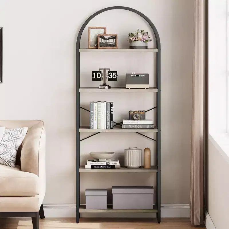 5-Tier Arched Bookshelf, Black Metal Frame & Wood Grain Shelves, 70.87"H, Open Storage
