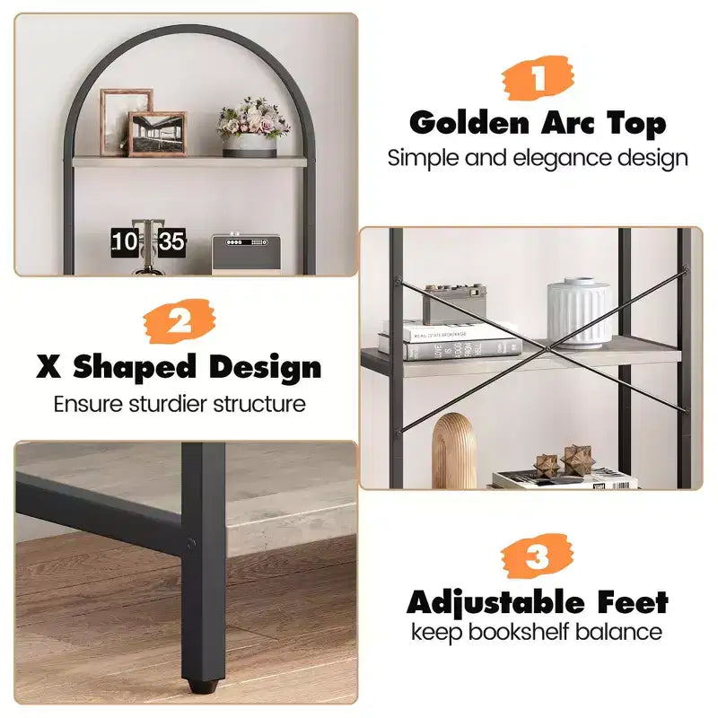 5-Tier Arched Bookshelf, Black Metal Frame & Wood Grain Shelves, 70.87"H, Open Storage