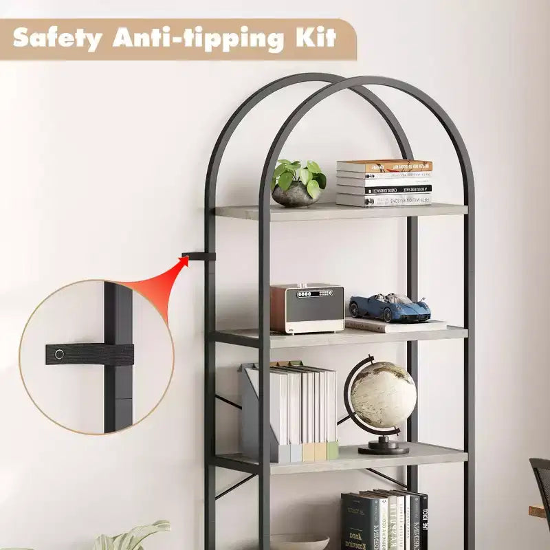 5-Tier Arched Bookshelf, Black Metal Frame & Wood Grain Shelves, 70.87"H, Open Storage