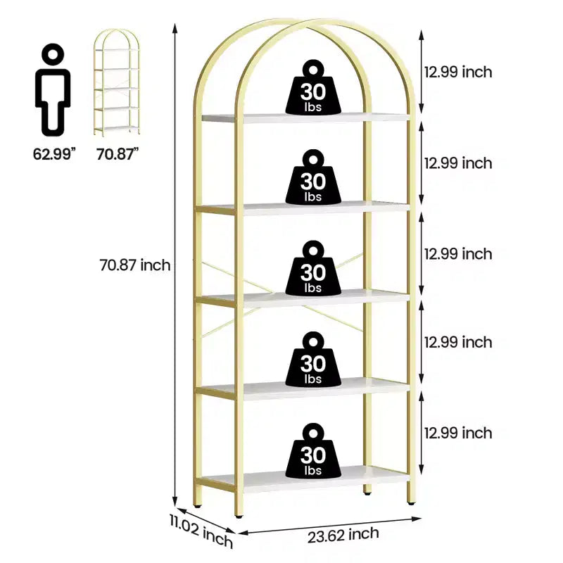 5-Tier Arched Bookshelf, Black Metal Frame & Wood Grain Shelves, 70.87"H, Open Storage