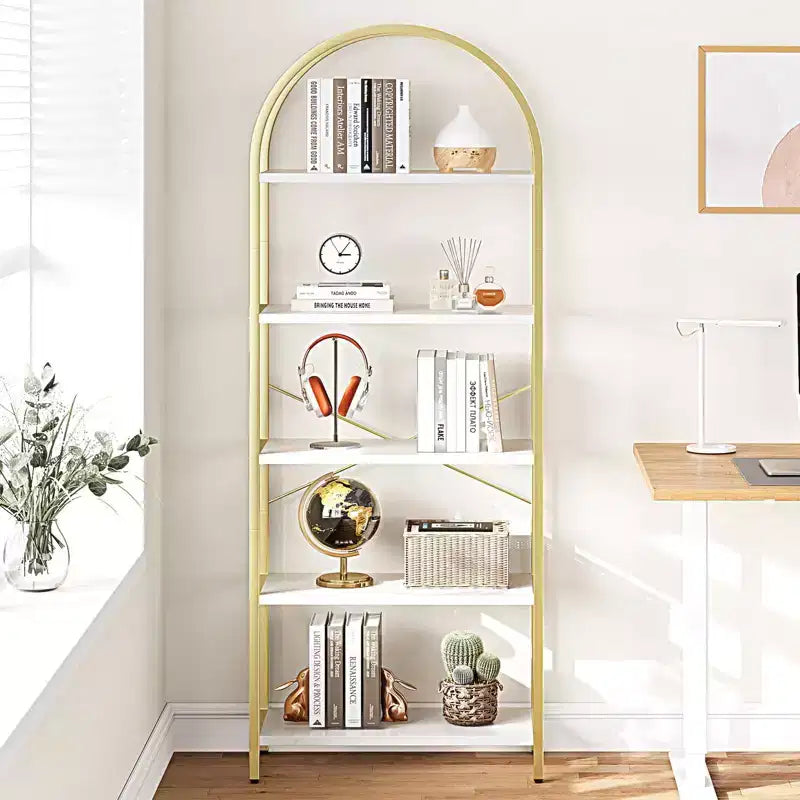 5-Tier Arched Bookshelf, Black Metal Frame & Wood Grain Shelves, 70.87"H, Open Storage