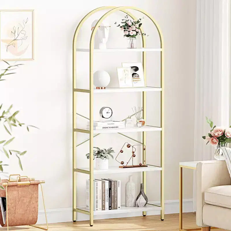 5-Tier Arched Bookshelf, Black Metal Frame & Wood Grain Shelves, 70.87"H, Open Storage