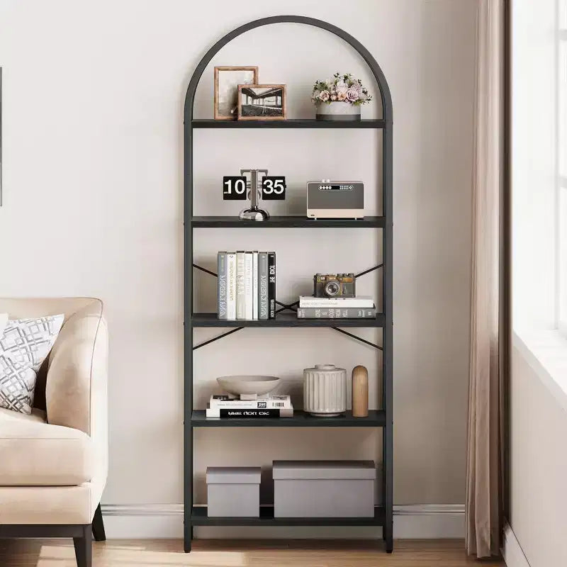 5-Tier Arched Bookshelf, Black Metal Frame & Wood Grain Shelves, 70.87"H, Open Storage