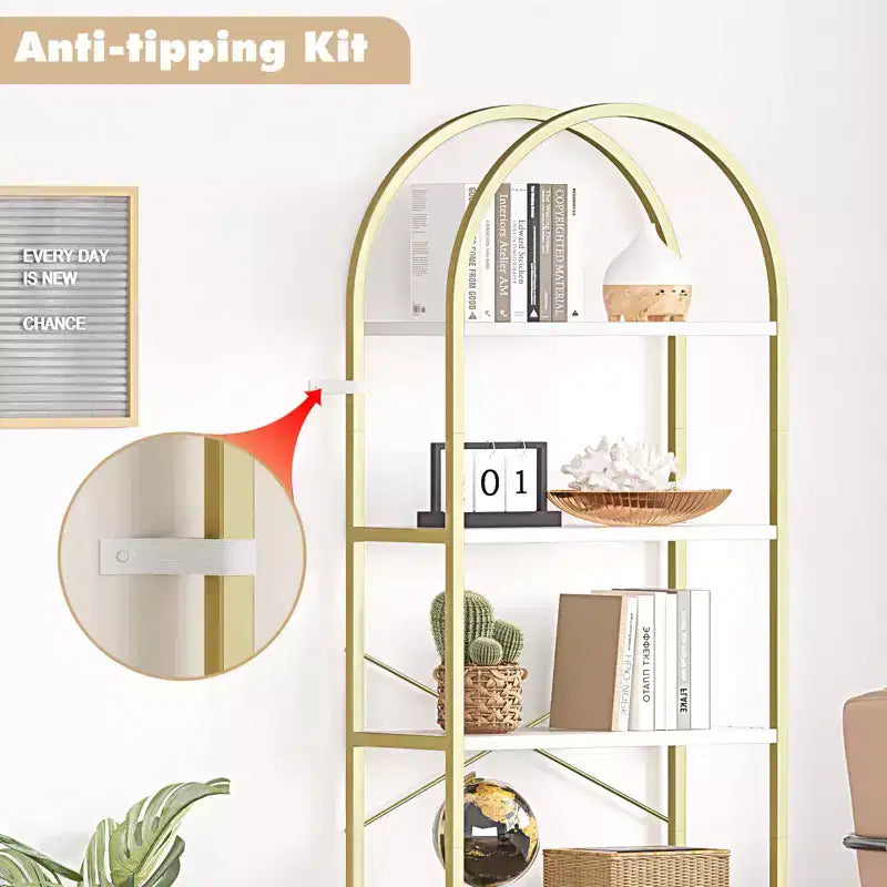 5-Tier Arched Bookshelf, Black Metal Frame & Wood Grain Shelves, 70.87"H, Open Storage