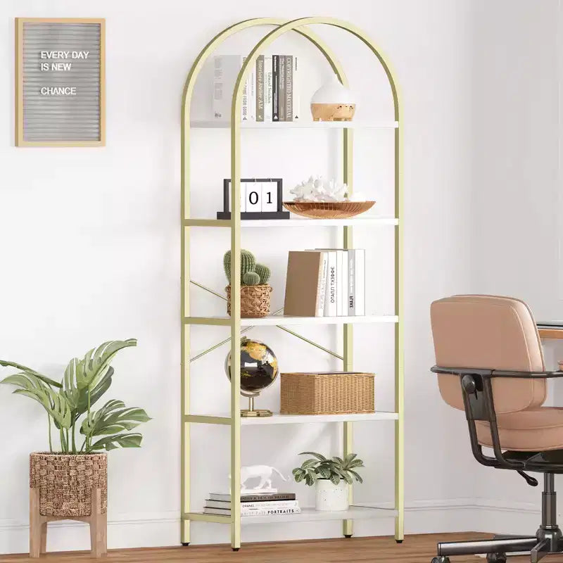 5-Tier Arched Bookshelf, Black Metal Frame & Wood Grain Shelves, 70.87"H, Open Storage