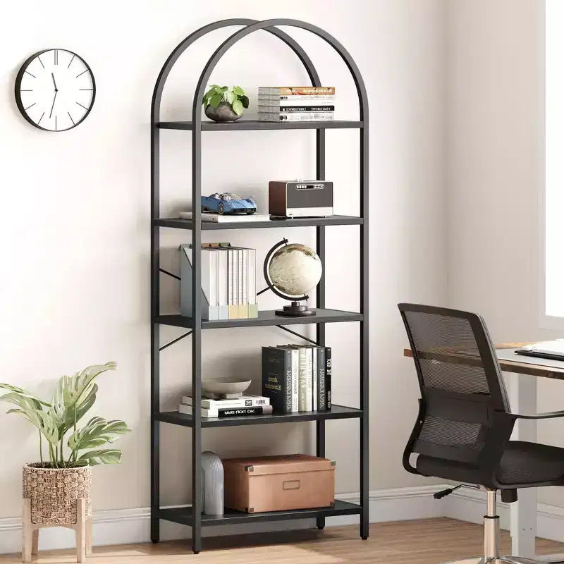 5-Tier Arched Bookshelf, Black Metal Frame & Wood Grain Shelves, 70.87"H, Open Storage