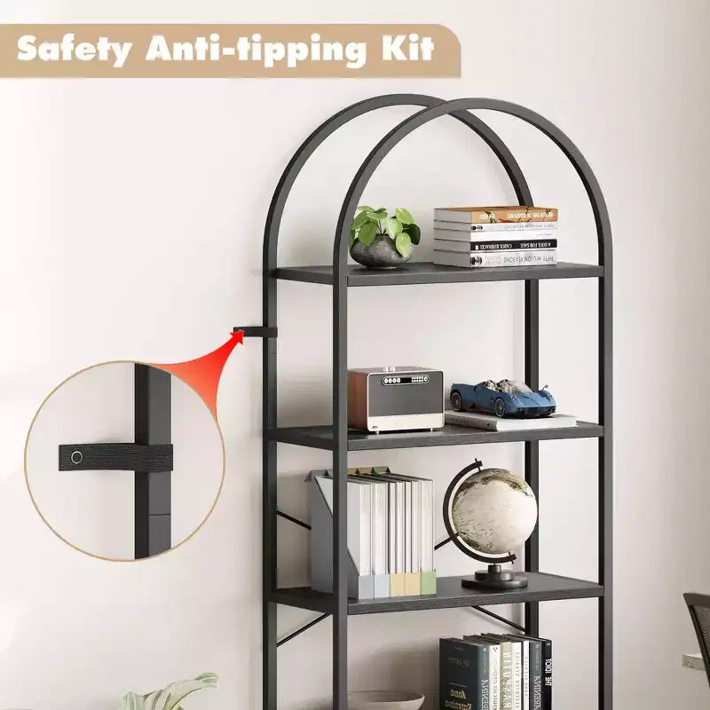 5-Tier Arched Bookshelf, Black Metal Frame & Wood Grain Shelves, 70.87"H, Open Storage
