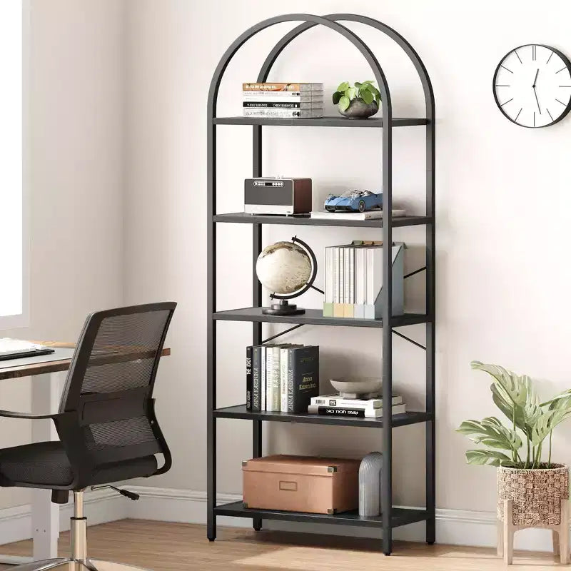 5-Tier Arched Bookshelf, Black Metal Frame & Wood Grain Shelves, 70.87"H, Open Storage