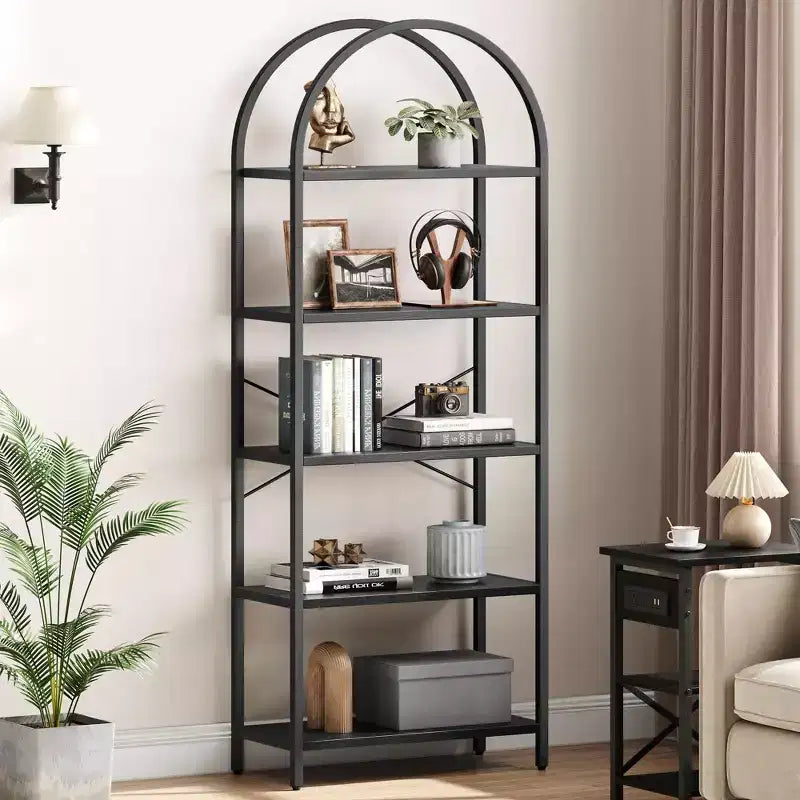 5-Tier Arched Bookshelf, Black Metal Frame & Wood Grain Shelves, 70.87"H, Open Storage