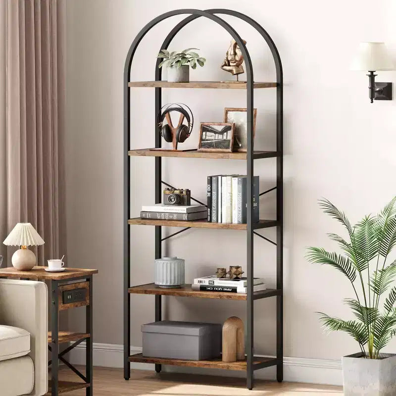Libreria ad arco a 5 ripiani, struttura in metallo nero e ripiani effetto legno, altezza 180 cm, scaffalatura aperta