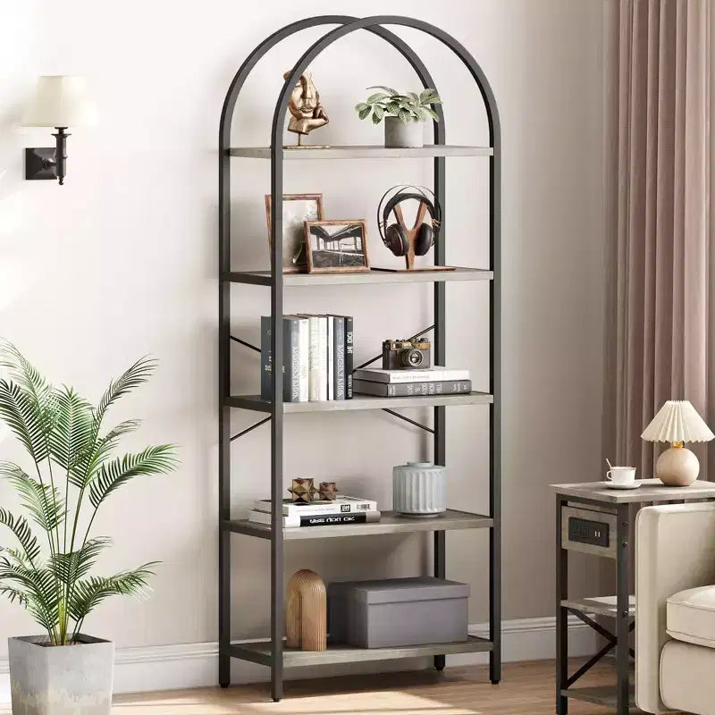 Libreria ad arco a 5 ripiani, struttura in metallo nero e ripiani effetto legno, altezza 180 cm, scaffalatura aperta
