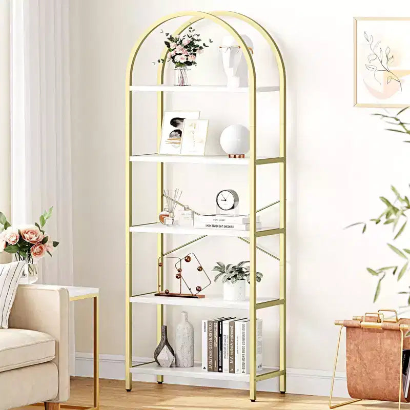 Libreria ad arco a 5 ripiani, struttura in metallo nero e ripiani effetto legno, altezza 180 cm, scaffalatura aperta