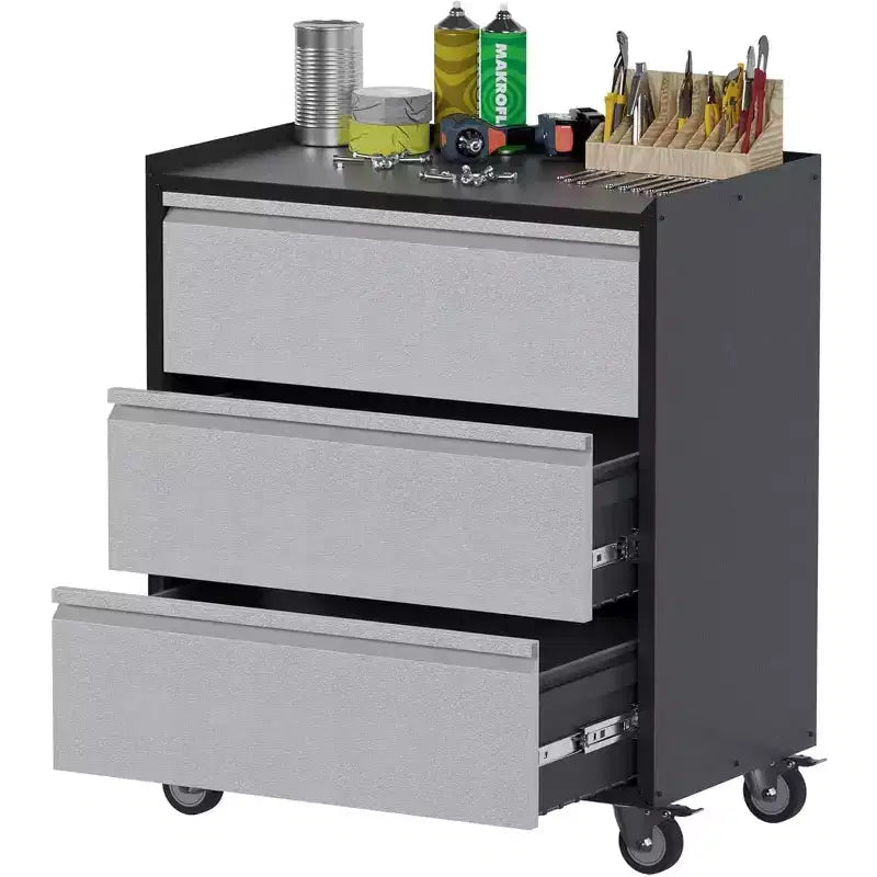 Mobile Tool Storage Cabinet with 3 Drawers, Heavy Duty Rolling Tool Cart, Gray Steel