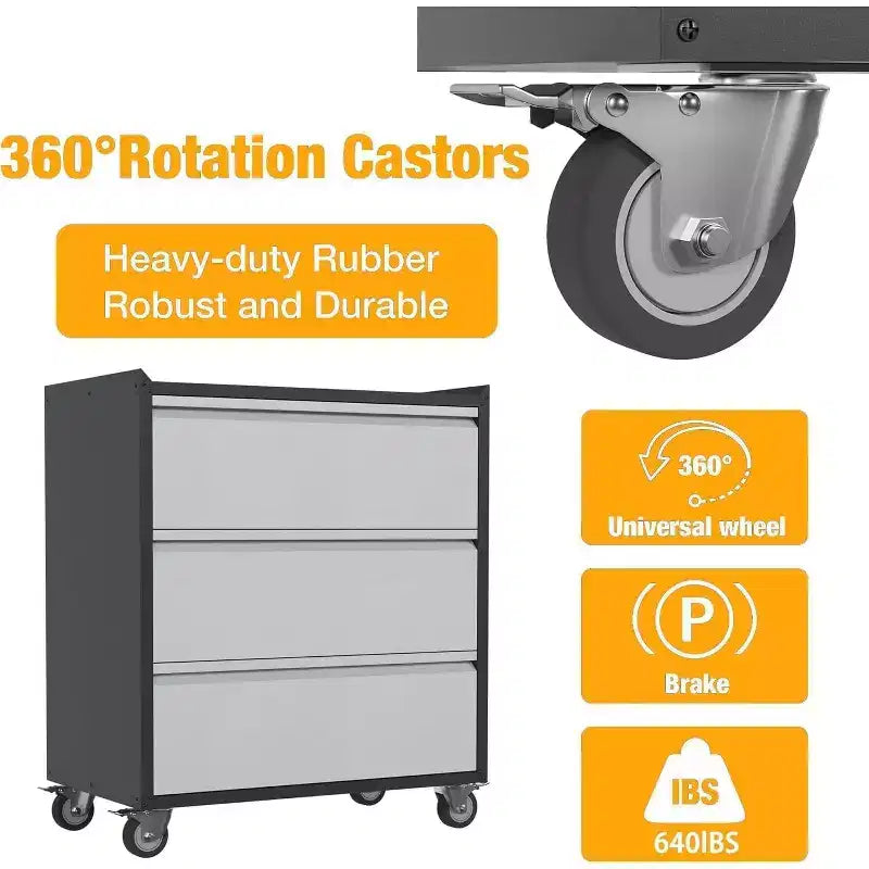 Mobile Tool Storage Cabinet with 3 Drawers, Heavy Duty Rolling Tool Cart, Gray Steel