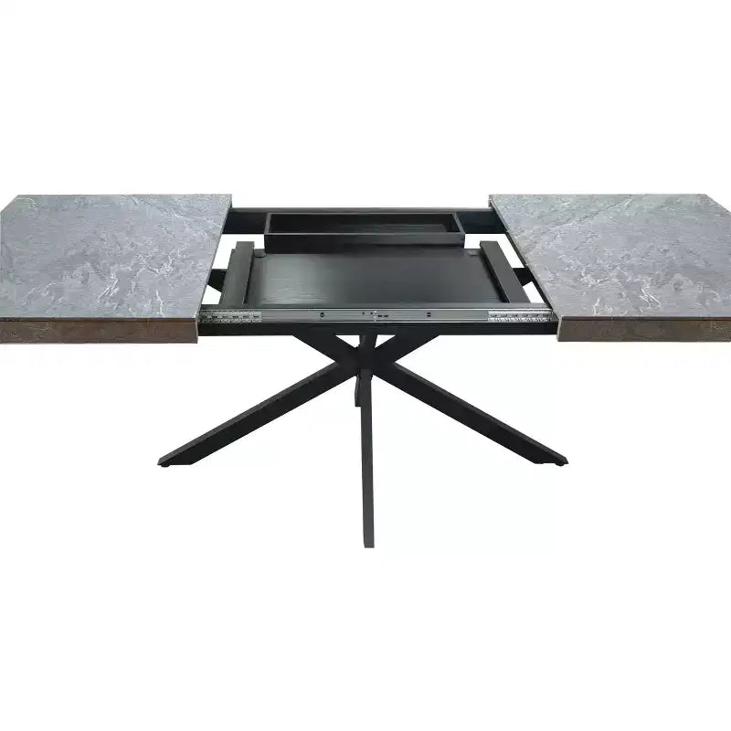 Tavolo da pranzo estensibile retrò da 70", base in ferro nero a croce, piano in MDF marrone, 6 posti a sedere