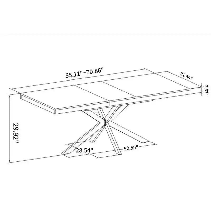 Tavolo da pranzo estensibile retrò da 70", base in ferro nero a croce, piano in MDF marrone, 6 posti a sedere