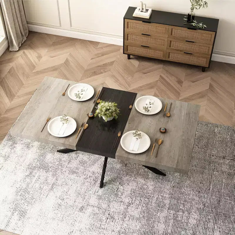 Tavolo da pranzo estensibile retrò da 70", base in ferro nero a croce, piano in MDF marrone, 6 posti a sedere