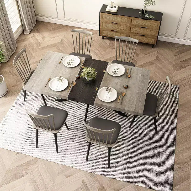 Tavolo da pranzo estensibile retrò da 70", base in ferro nero a croce, piano in MDF marrone, 6 posti a sedere