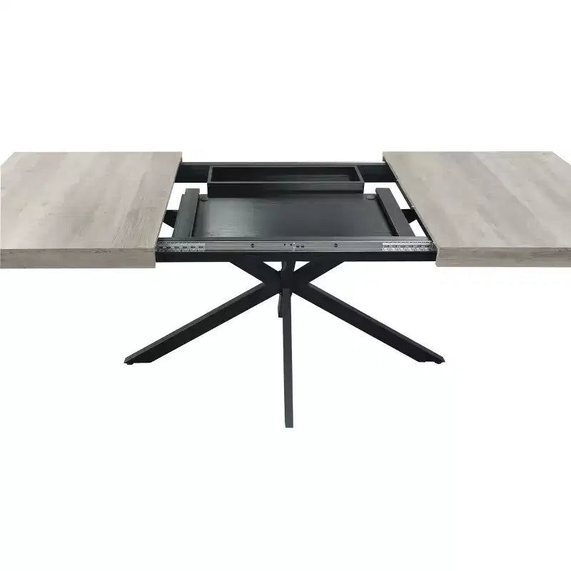 Tavolo da pranzo estensibile retrò da 70", base in ferro nero a croce, piano in MDF marrone, 6 posti a sedere