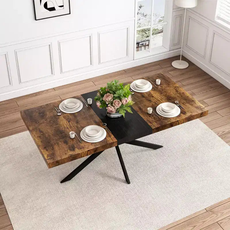 Tavolo da pranzo estensibile retrò da 70", base in ferro nero a croce, piano in MDF marrone, 6 posti a sedere